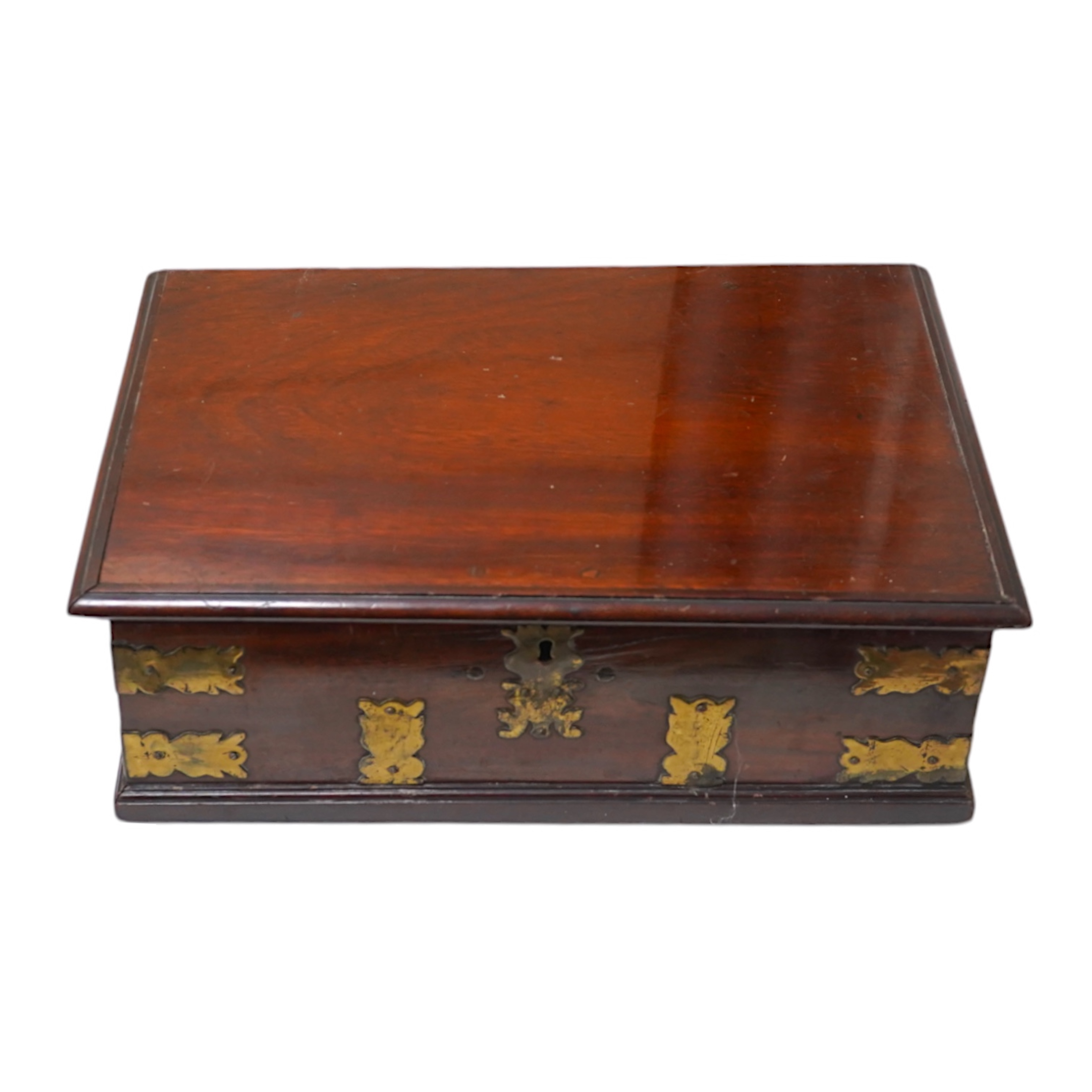 A late 18th century Indo-colonial brass mounted padouk wood casket, 43cm wide. Condition - good for age